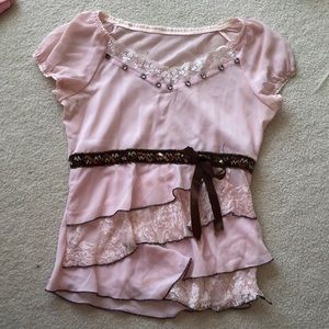 Pink lace top brown sequin accents XS